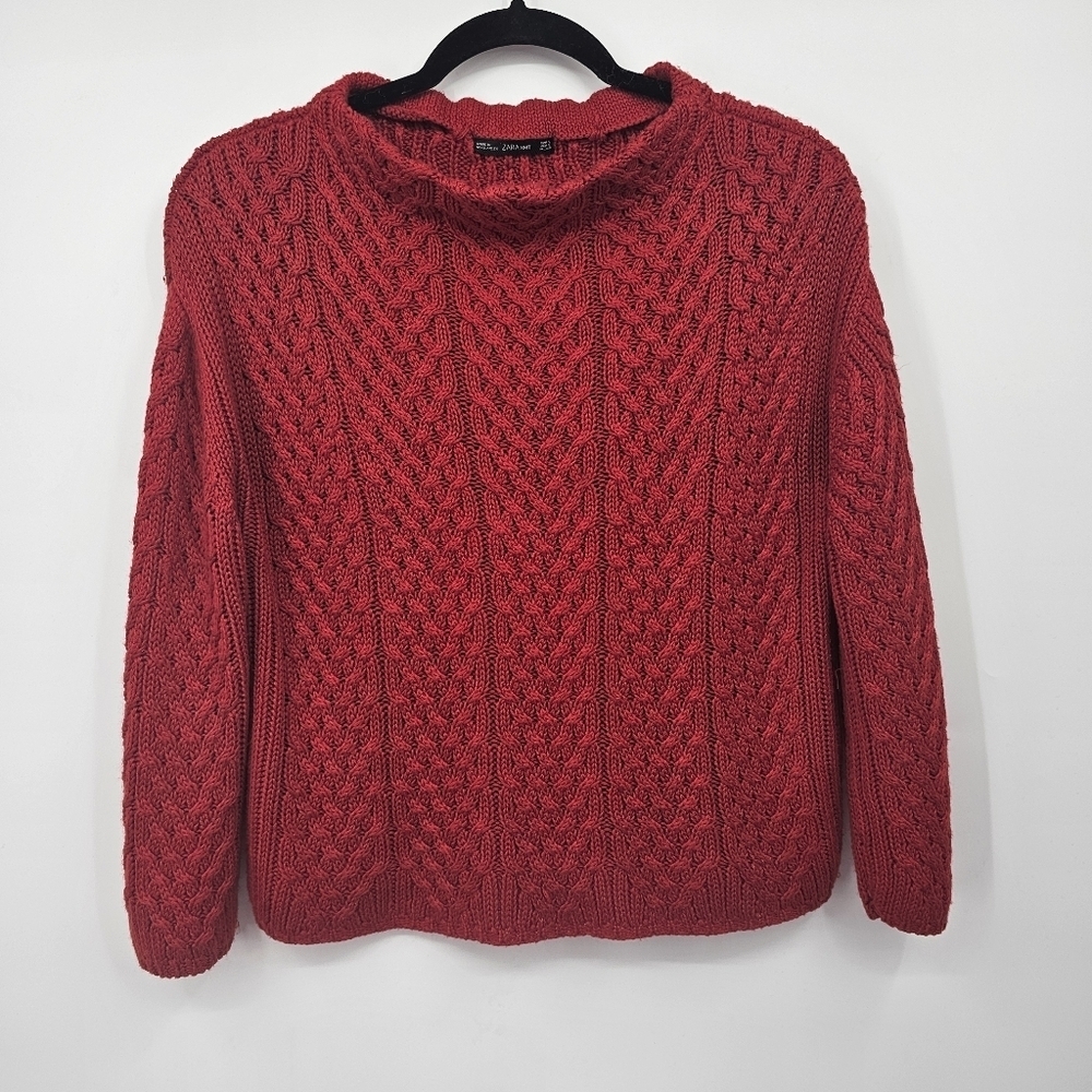 ZARA Knit Red Cable Knit Mock Turtleneck Sweater Women’s Size S‎
